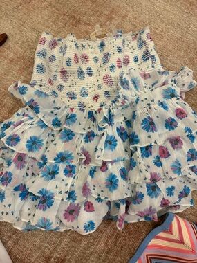 LoveShackFancy Girls White Floral Ruffle Skirt with Blue and Pink Flowers